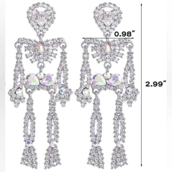 Skeleton AB Rhinestone Earrings Halloween New Large Silver Skull CZ Dangle Goth - Picture 4 of 5
